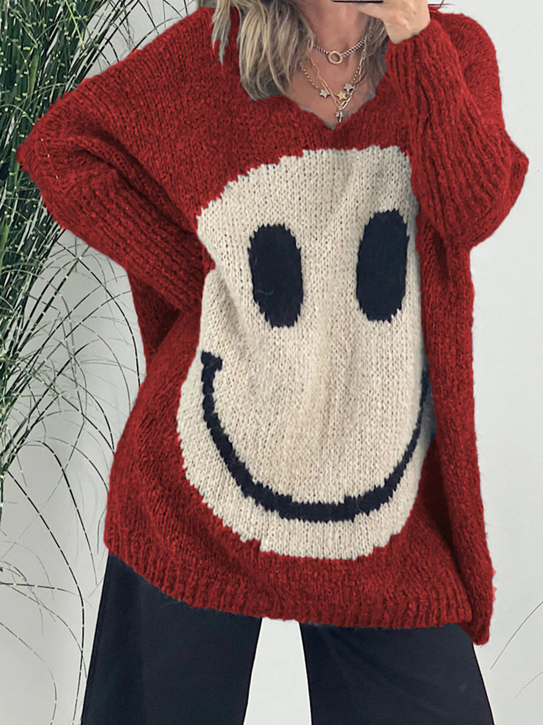 Smiling Face V-Neck Long Sleeve Sweater