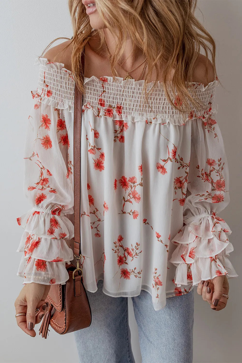 Printed Off-Shoulder Long Sleeve Blouse