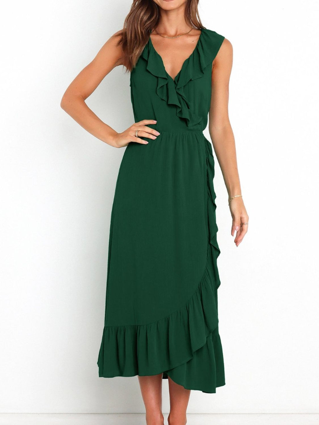 Ruffled Surplice Sleeveless Midi Dress