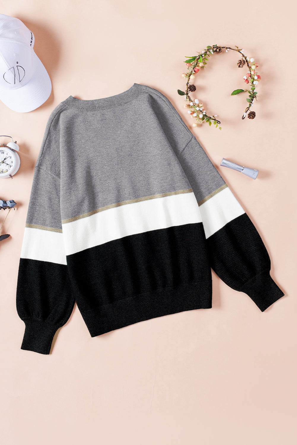 Color Block V Neck Long Sleeve Sweater