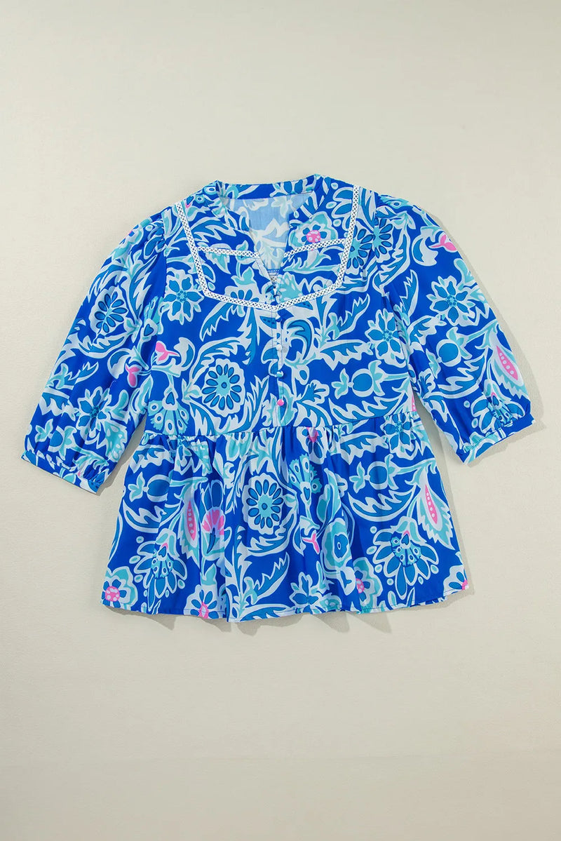 Printed Notched Three-Quarter Sleeve Blouse