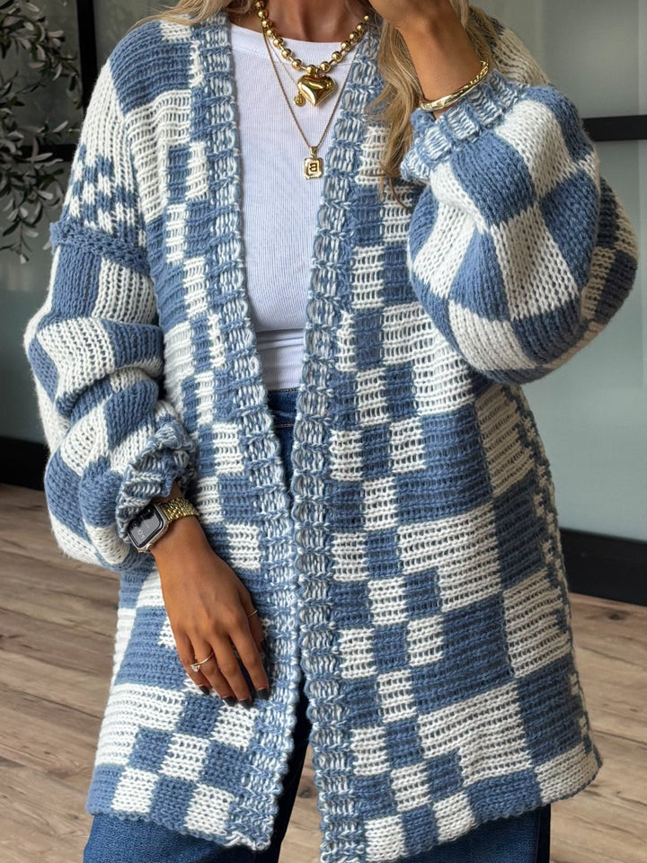 Checkered Open Front Long Sleeve Cardigan