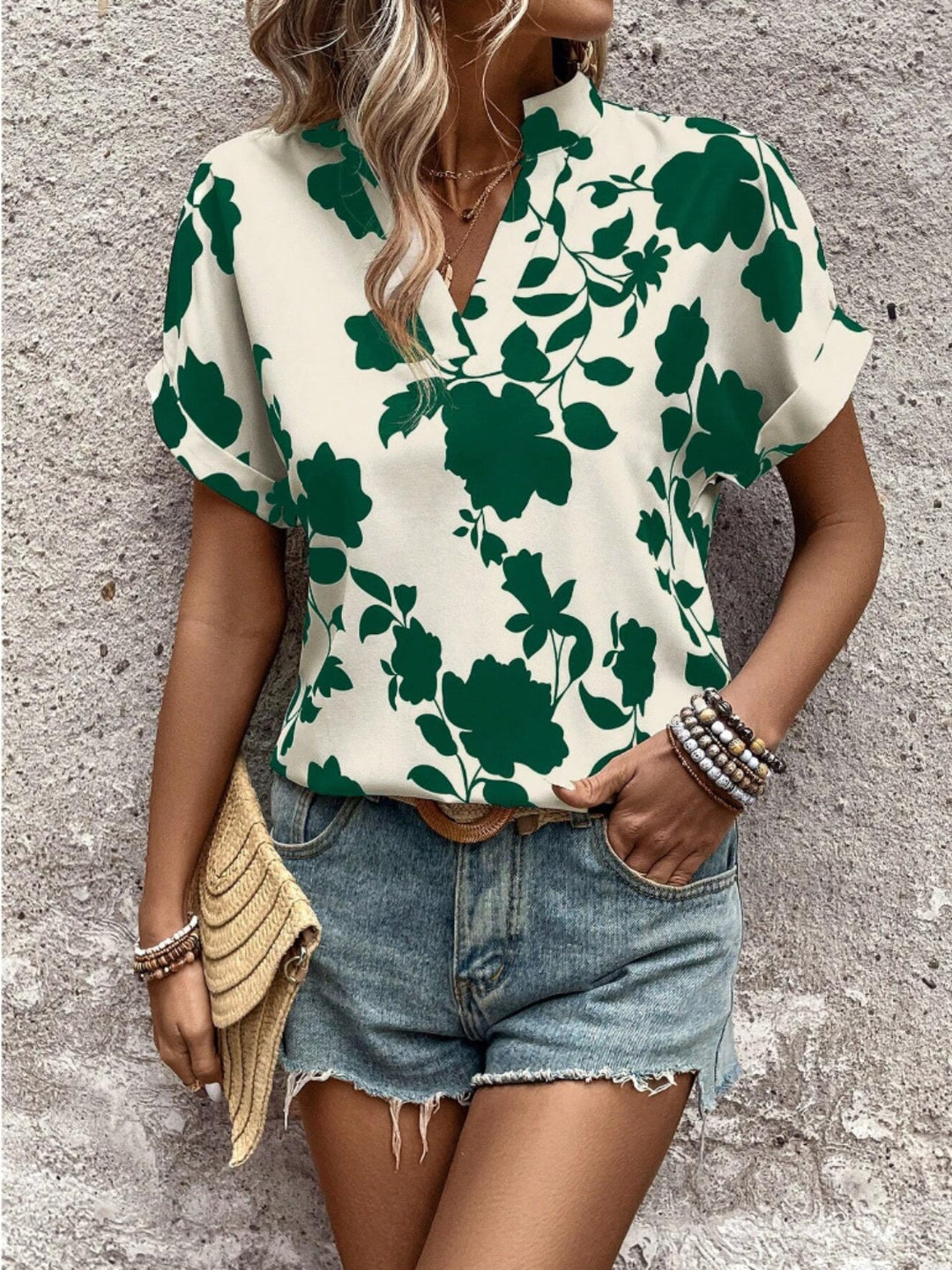 Flower Notched Short Sleeve Blouse