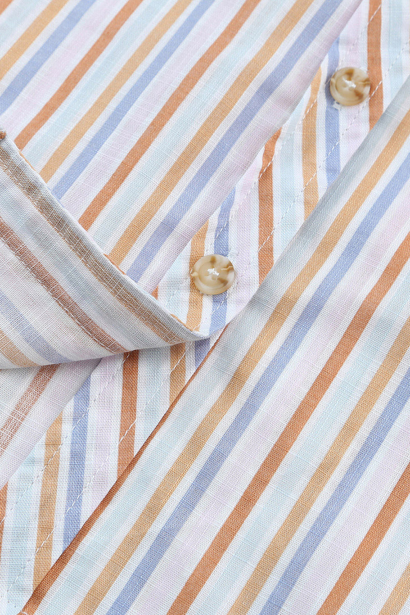 Pocketed Striped Collared Neck Short Sleeve Shirt