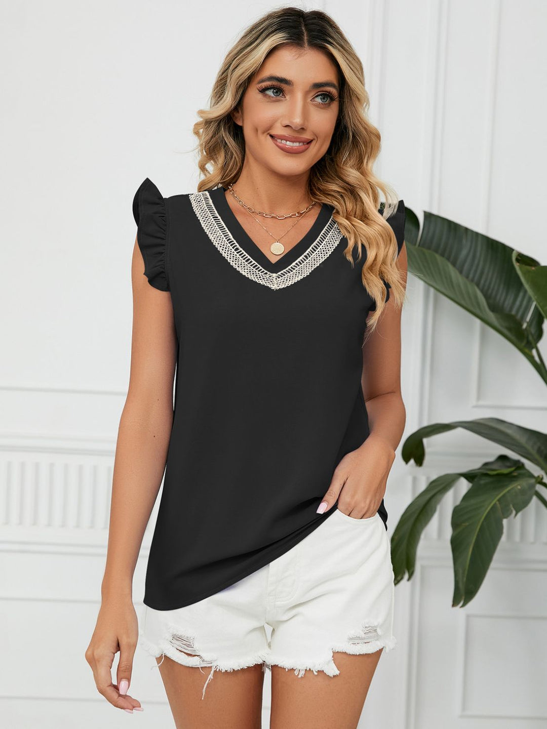 Ruffled V-Neck Cap Sleeve Blouse