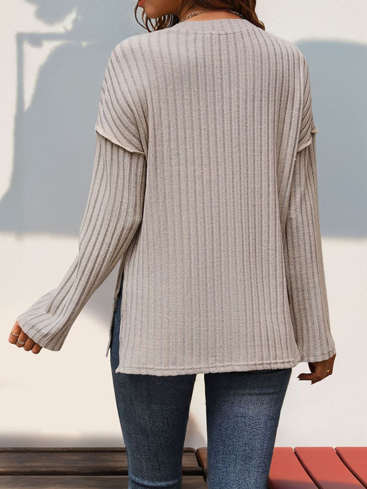 Slit Half Button Long Sleeve T-Shirt