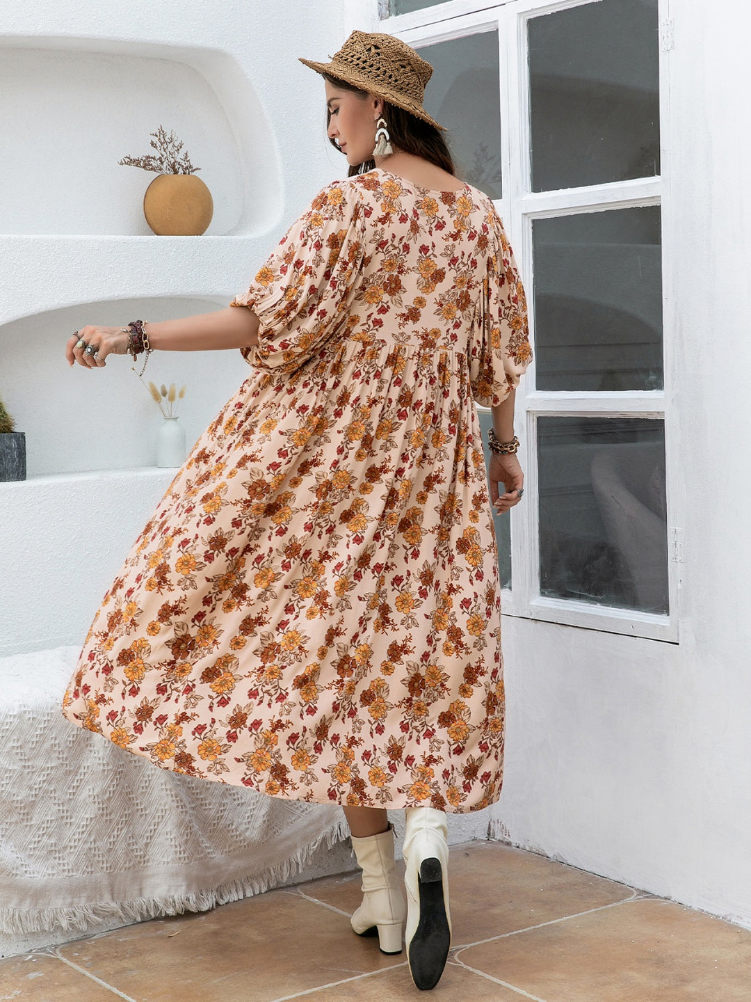 Plus Size Printed Tie Neck Half Sleeve Midi Dress