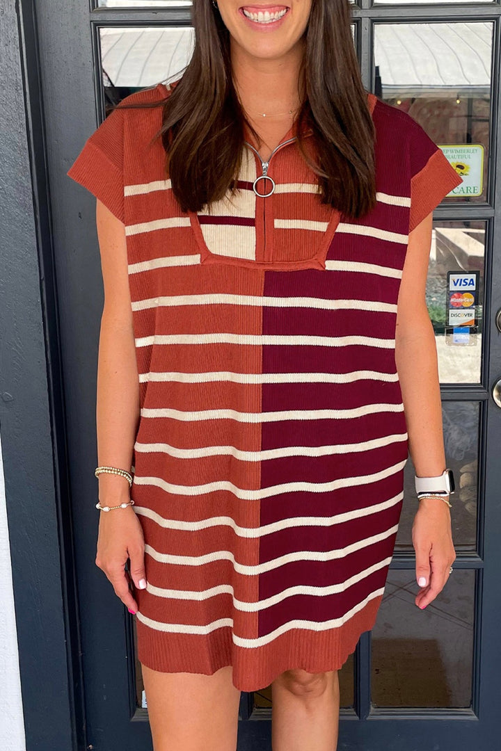 Striped Quarter Zip Cap Sleeve Sweater Dress