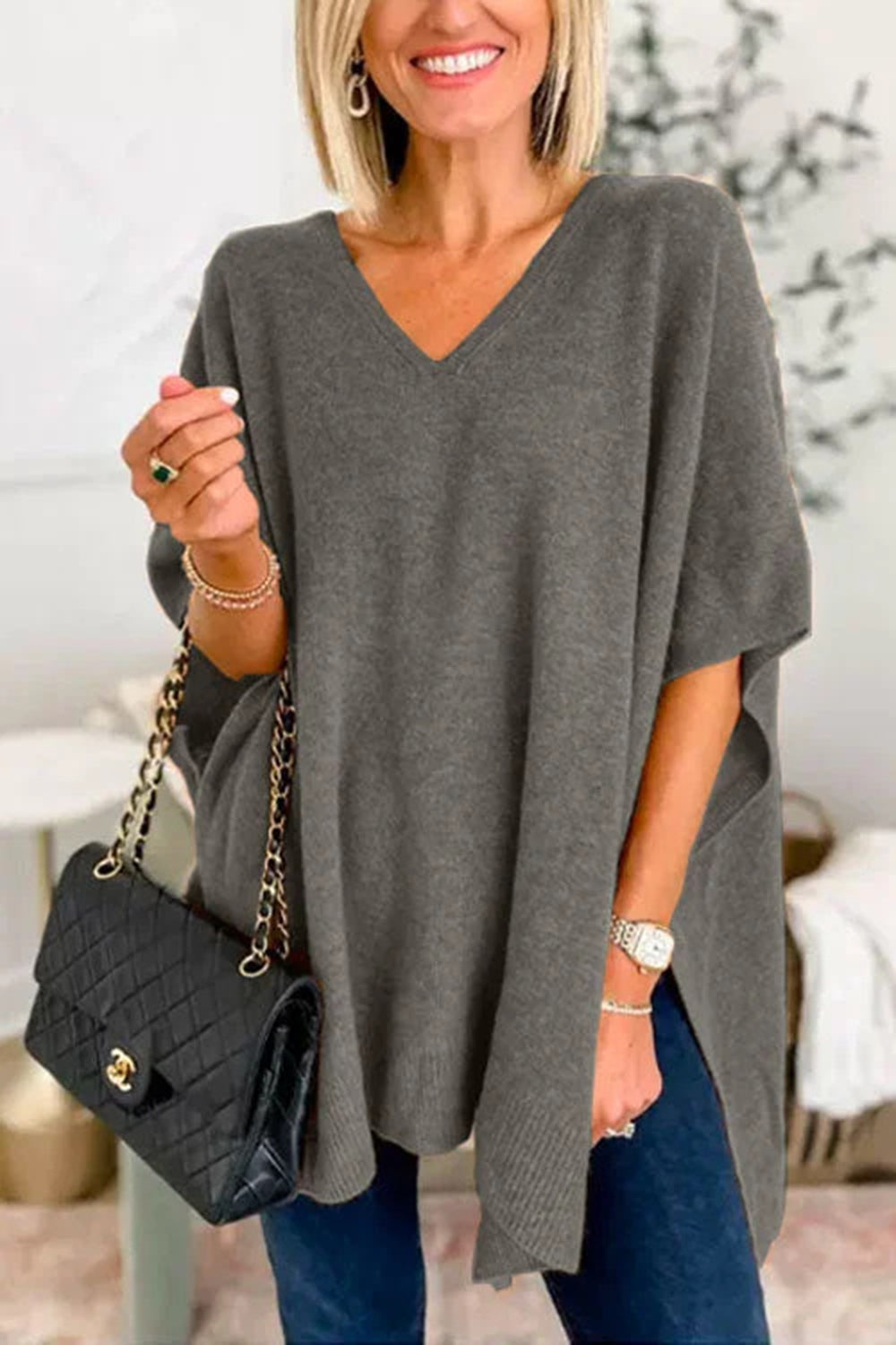 Slit V-Neck Half Sleeve Knit Top