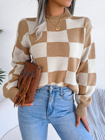 Checkered Mock Neck Long Sleeve Sweater