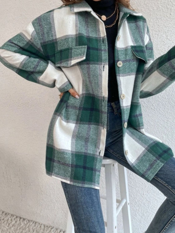 Plaid Collared Neck Dropped Shoulder Shacket