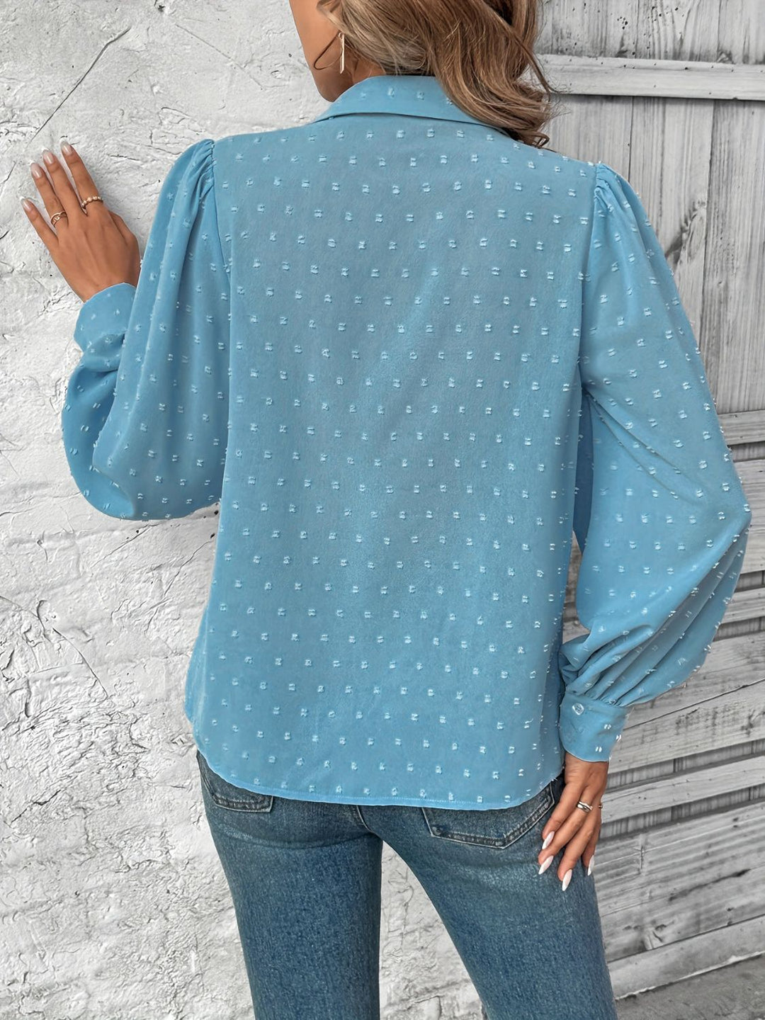 Full Size Swiss Dot Collared Neck Long Sleeve Shirt