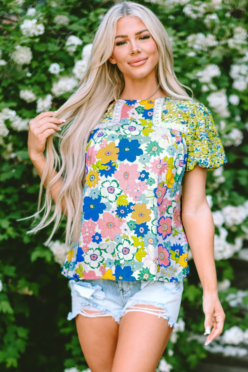 Printed Round Neck Puff Sleeve Blouse