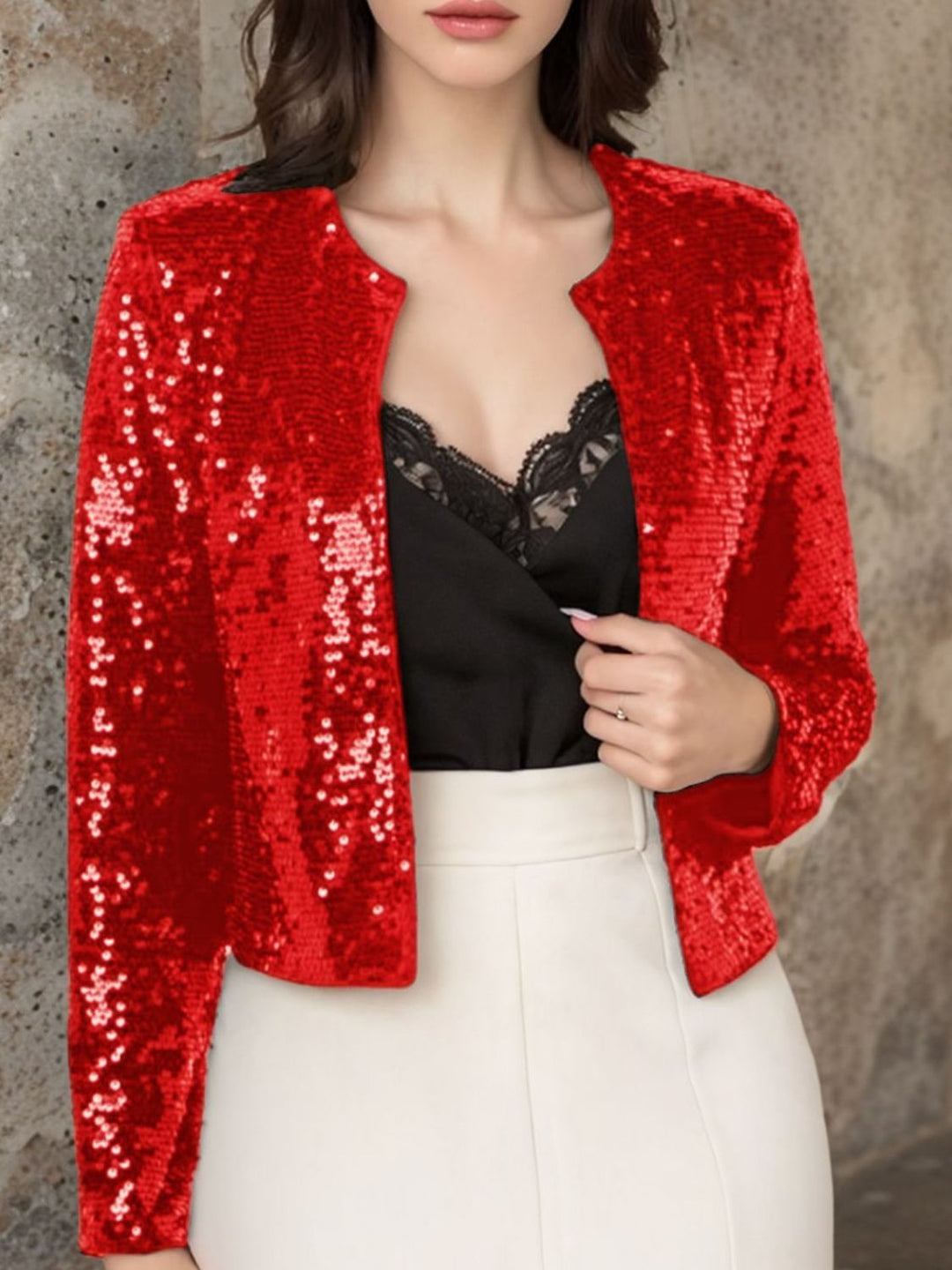 Full Size Sequin Open Front Cropped Jacket