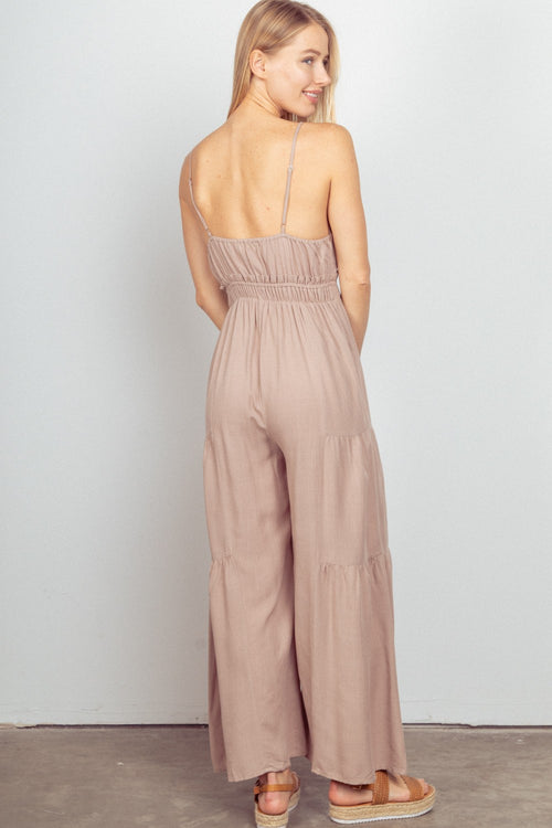 VERY J Sleeveless Ruched Wide Leg Jumpsuit