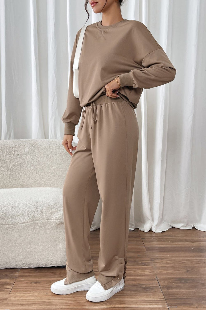 Perfee Round Neck Long Sleeve Top and Pants Set