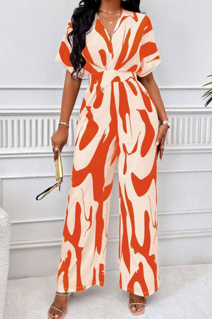 Printed V-Neck Short Sleeve Wide Leg Jumpsuit