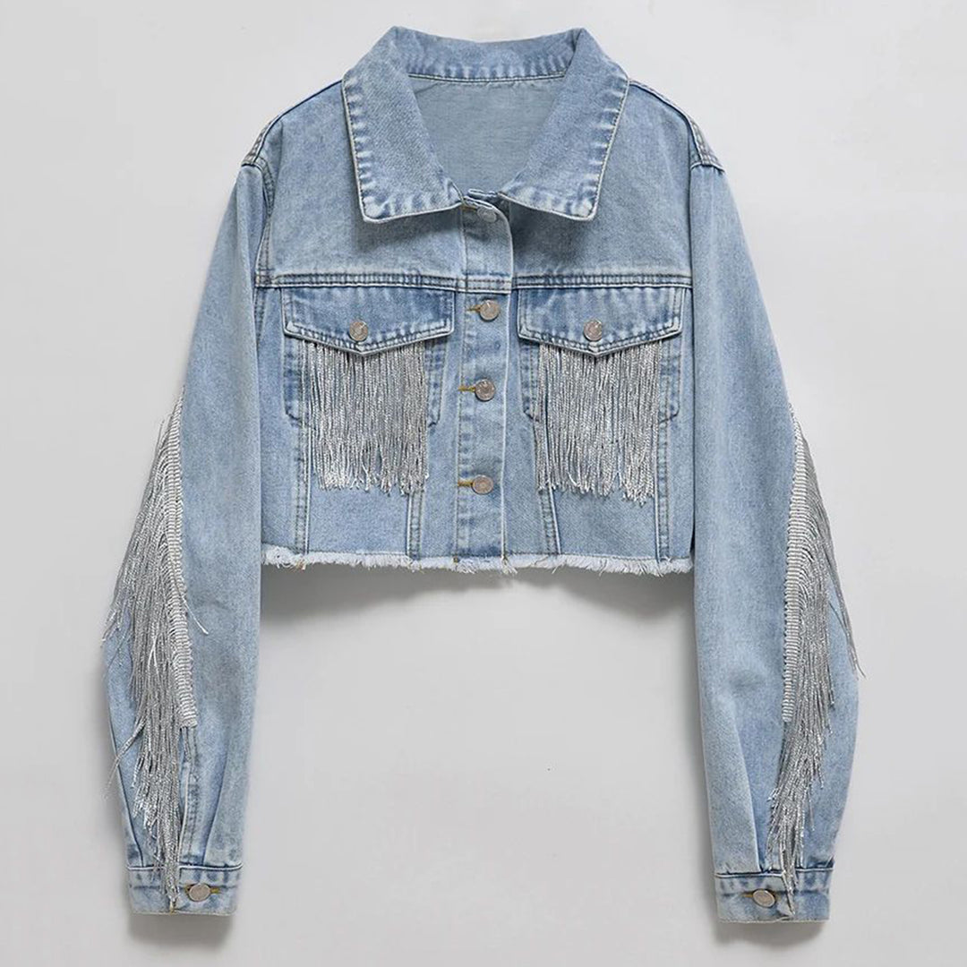 Fringe Detail Long Sleeve Cropped Denim Jacket