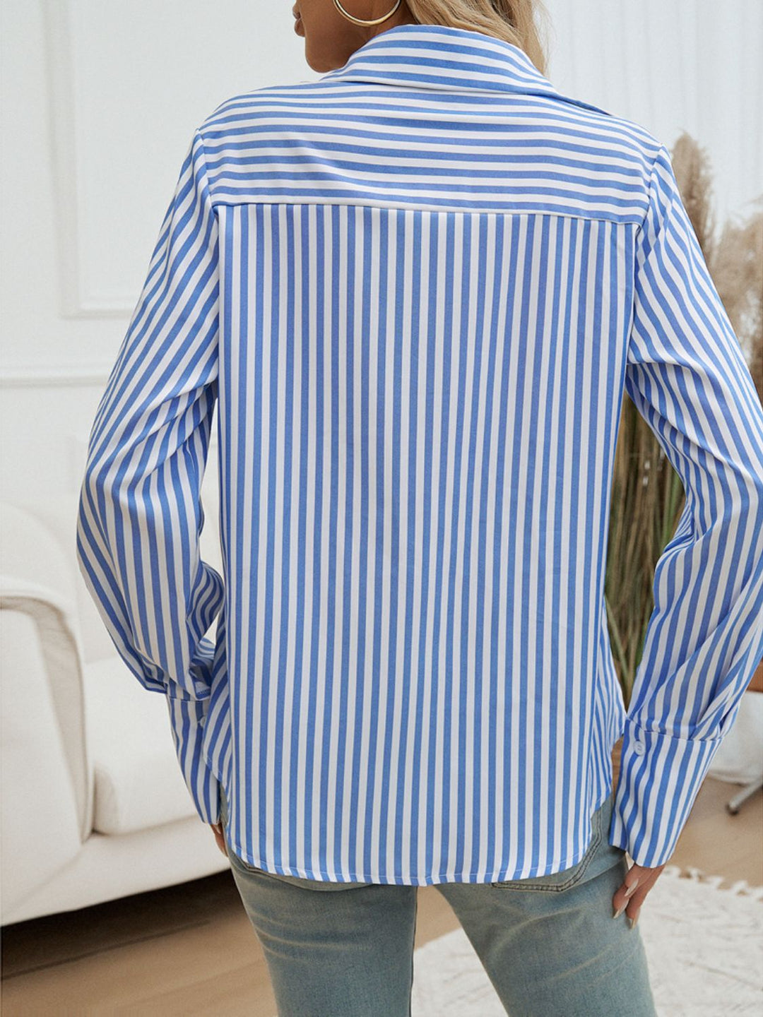 Pocketed Striped Collared Neck Long Sleeve Shirt