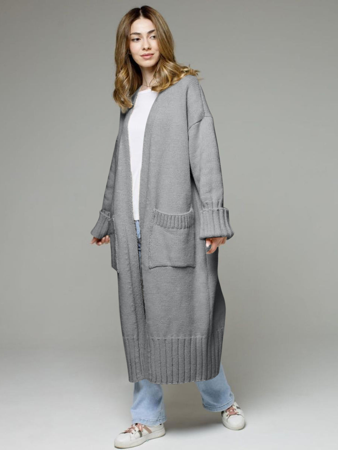 Pocketed Open Front Dropped Shoulder Cardigan