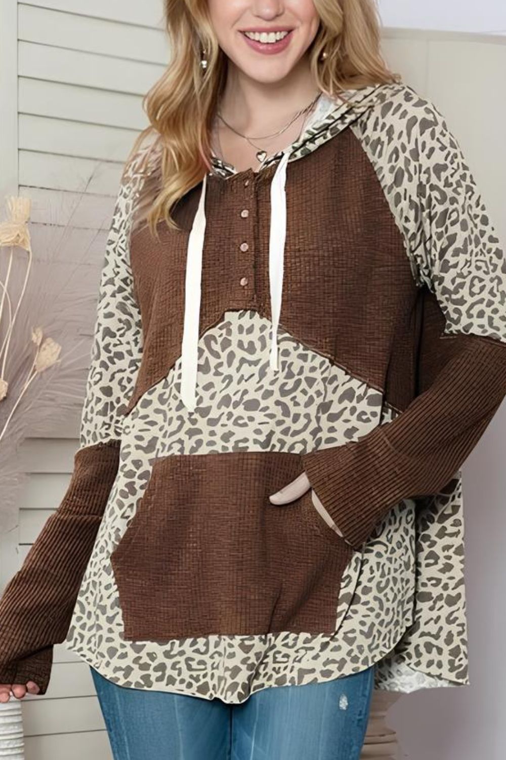 Leopard Ribbed Patchwork Drawstring Hoodie