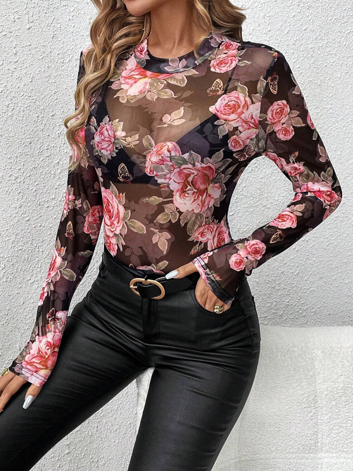 Mesh Floral Mock Neck Long Sleeve Top