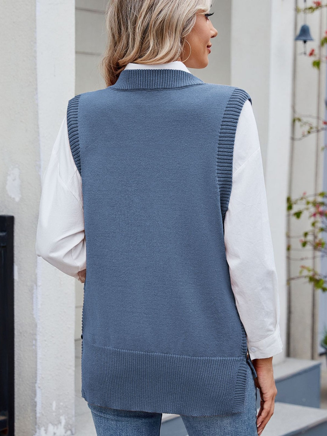 Buttoned Round Neck Sweater Vest