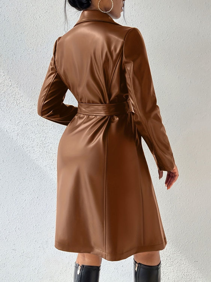 Tied PU Leather Long Sleeve Trench Coat