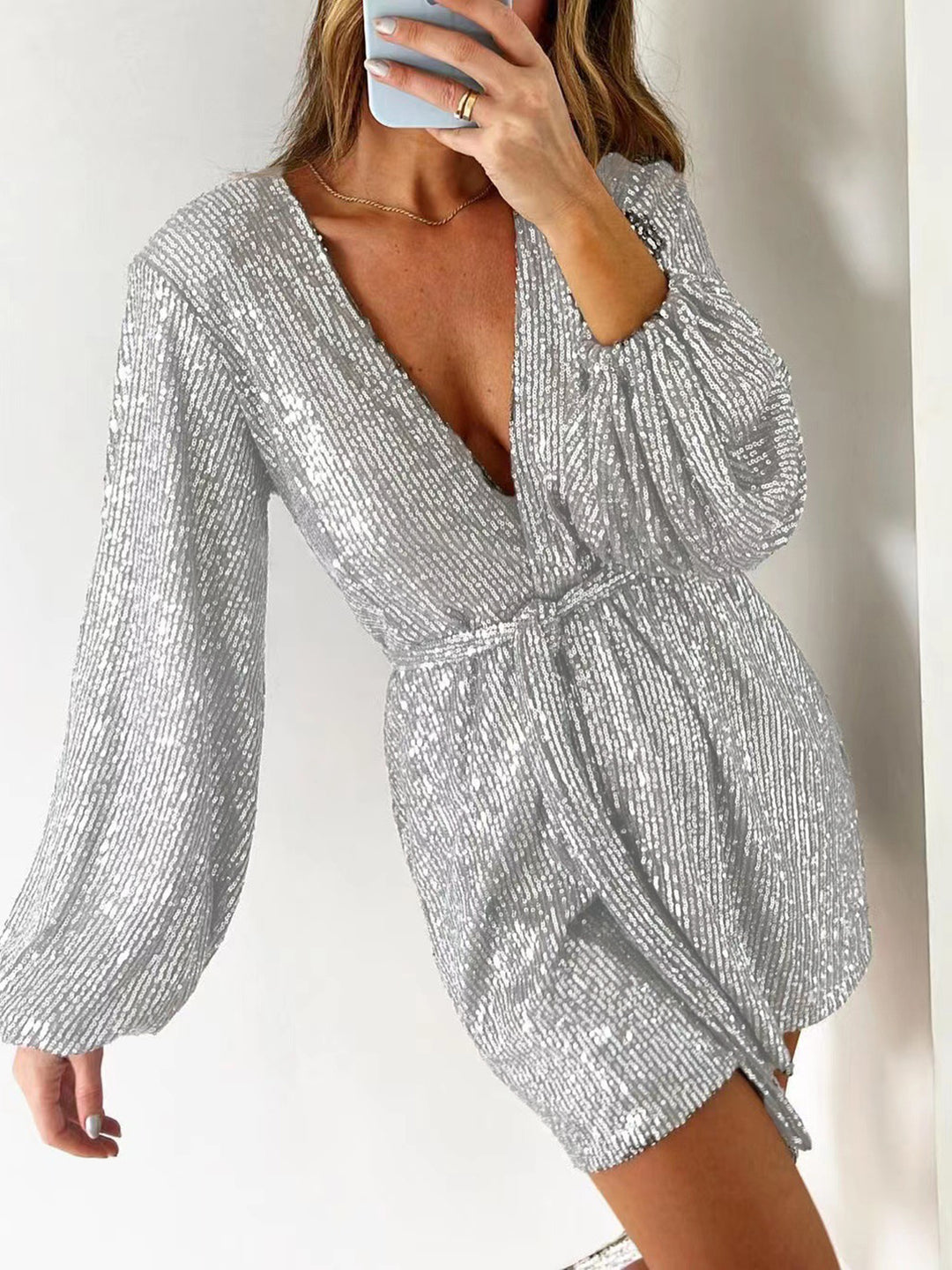 Full Size Sequin Surplice Tie Waist Long Sleeve Romper