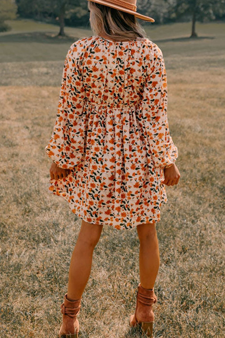 Smocked Printed V-Neck Long Sleeve Dress