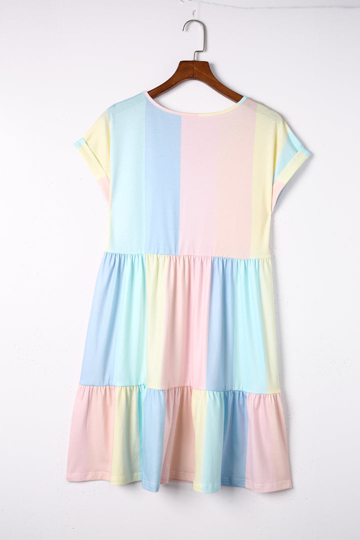 Color Block V-Neck Short Sleeve Mini Dress