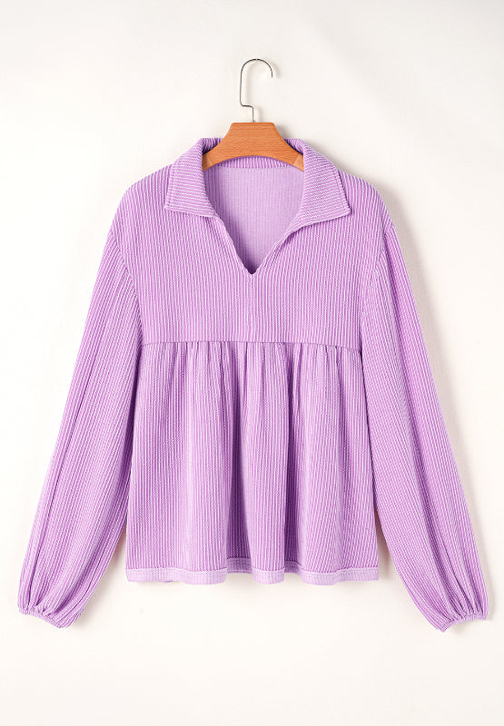 Texture Collared Neck Long Sleeve Blouse