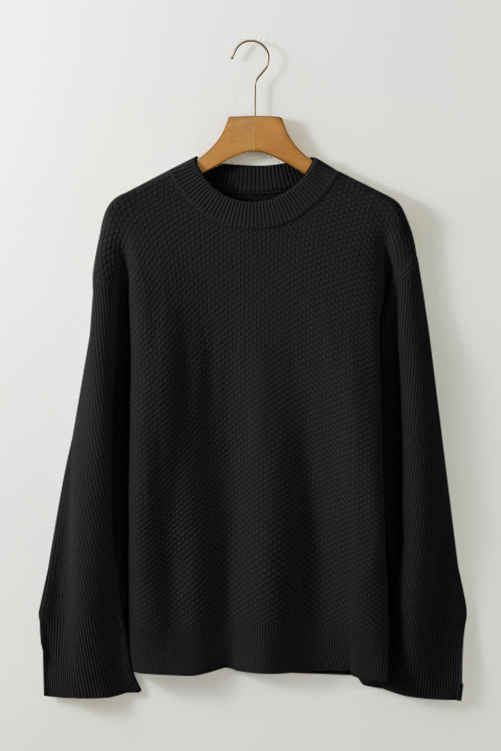 Slit Cuff Round Neck Long Sleeve Sweater