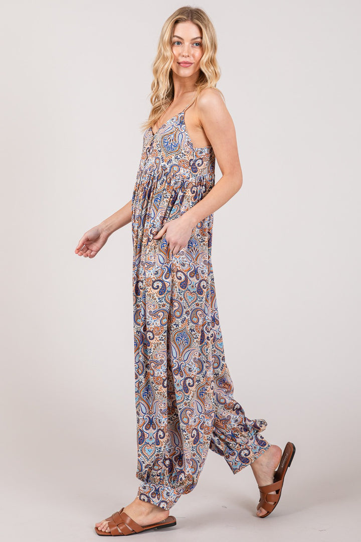 SAGE + FIG Full Size Multi Paisley Print Sleeveless Jumpsuit