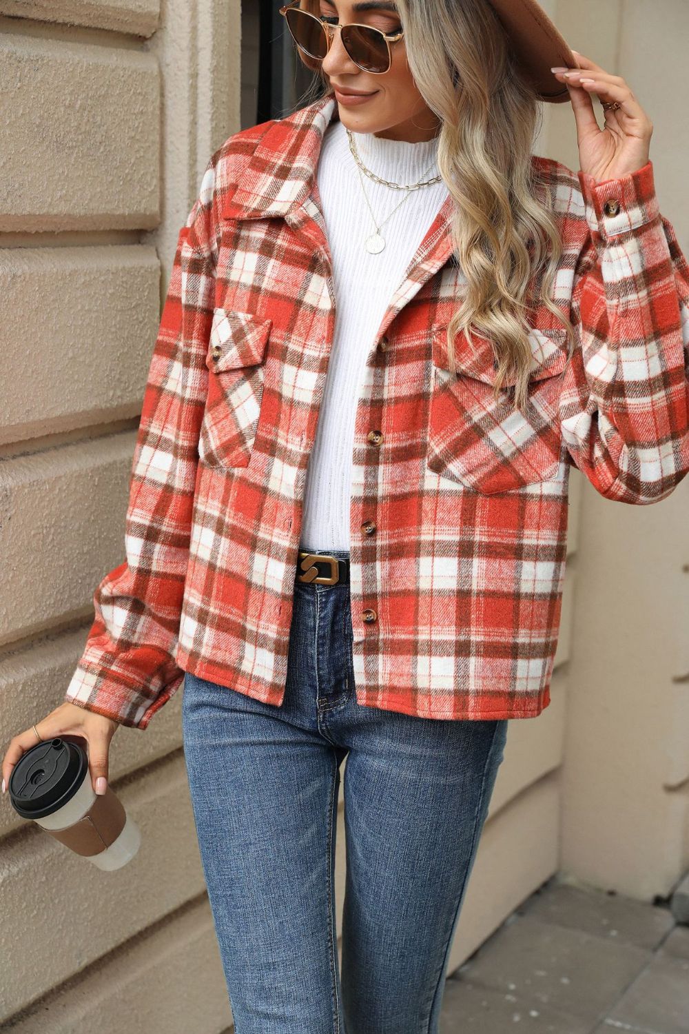 Pocketed Plaid Collared Neck Dropped Shoulder Jacket