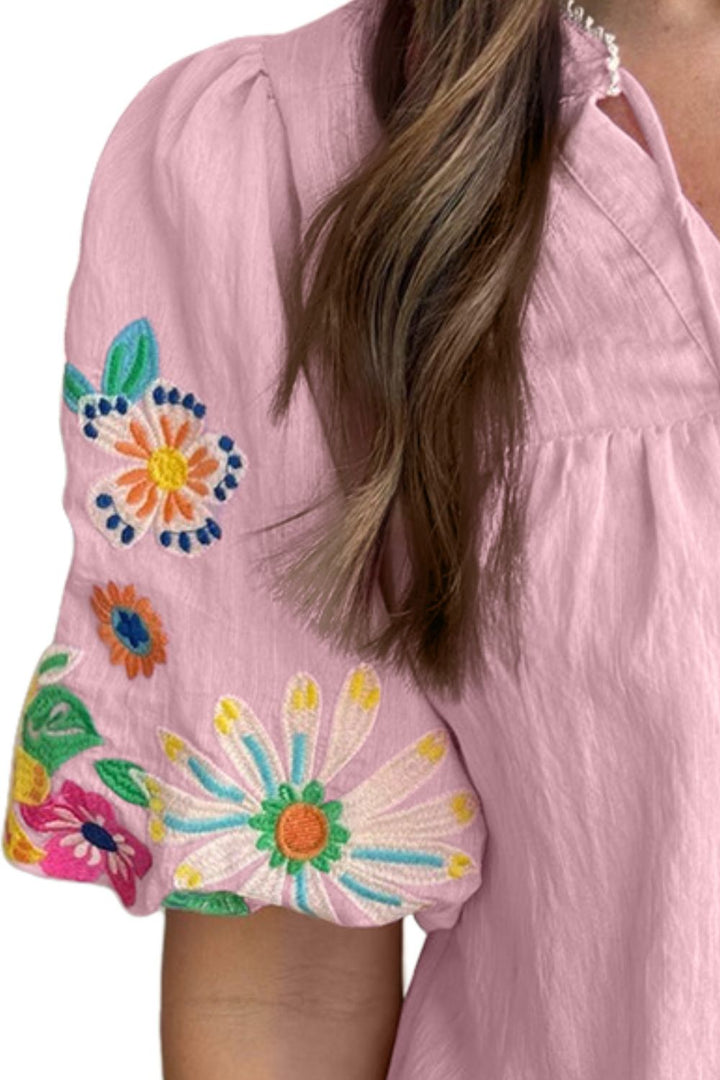 Embroidered Tie Neck Half Sleeve Blouse