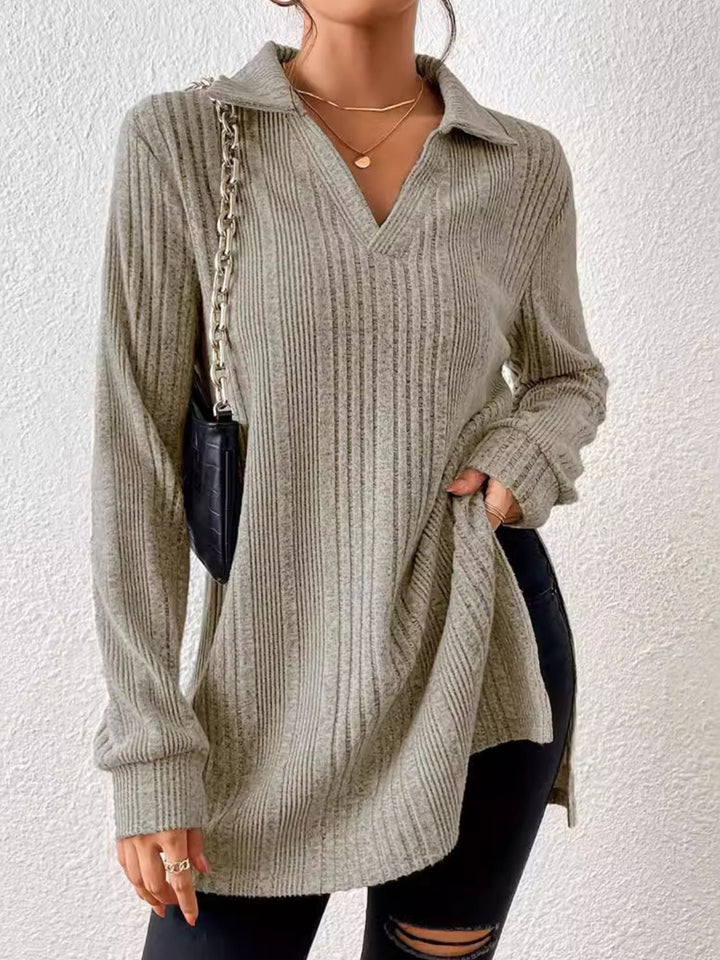 Slit Johnny Collar Long Sleeve Top