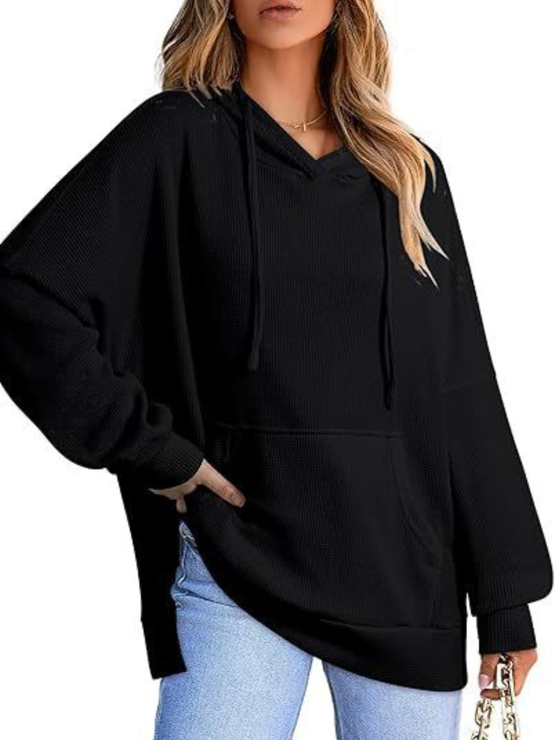 Drawstring Slit Long Sleeve Hoodie