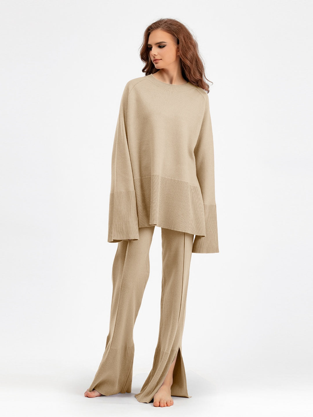 Basic Bae Slit Round Neck Long Sleeve Top and Drawstring Pants Sweater Set