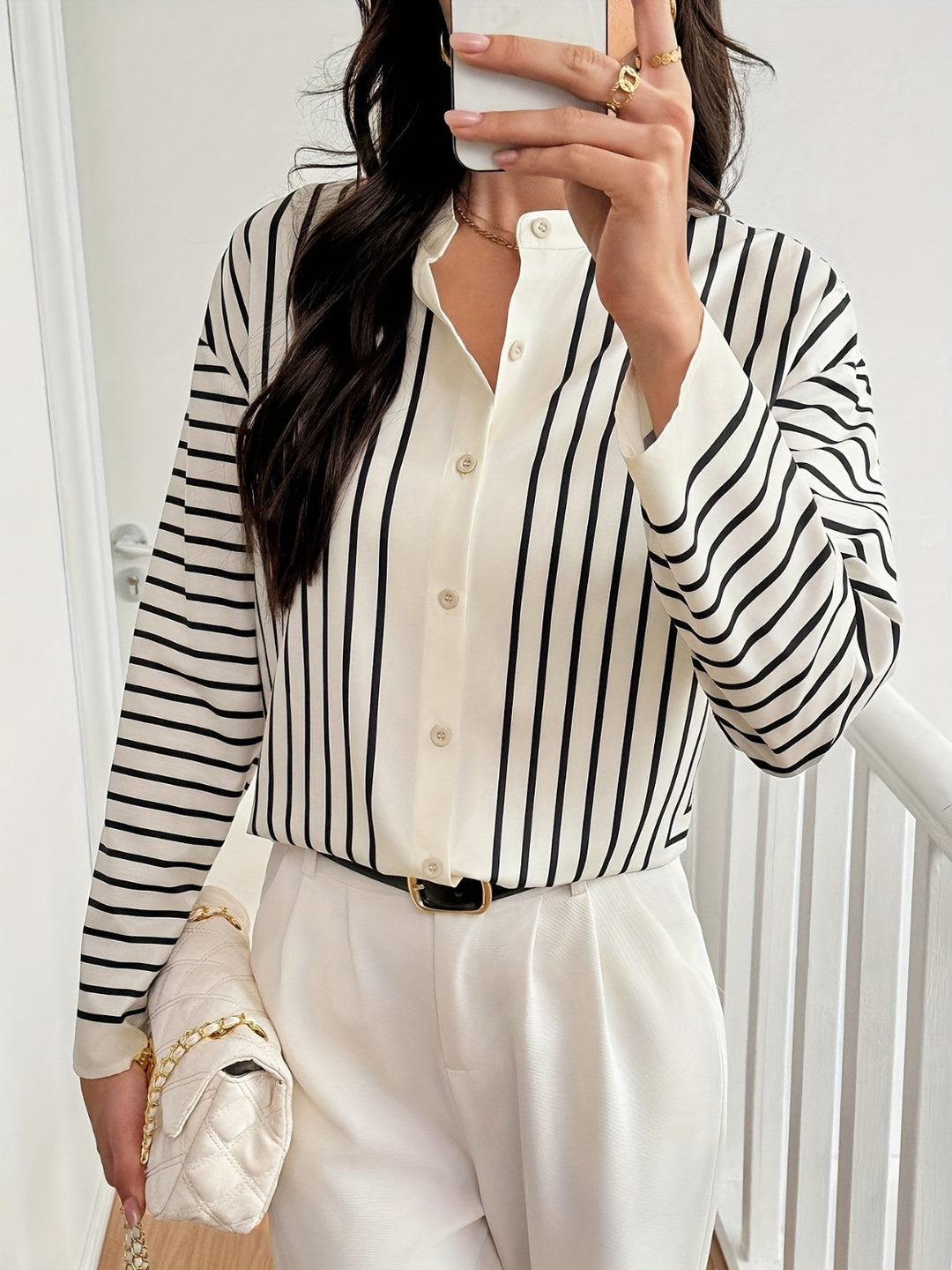 Striped Mock Neck Long Sleeve Shirt