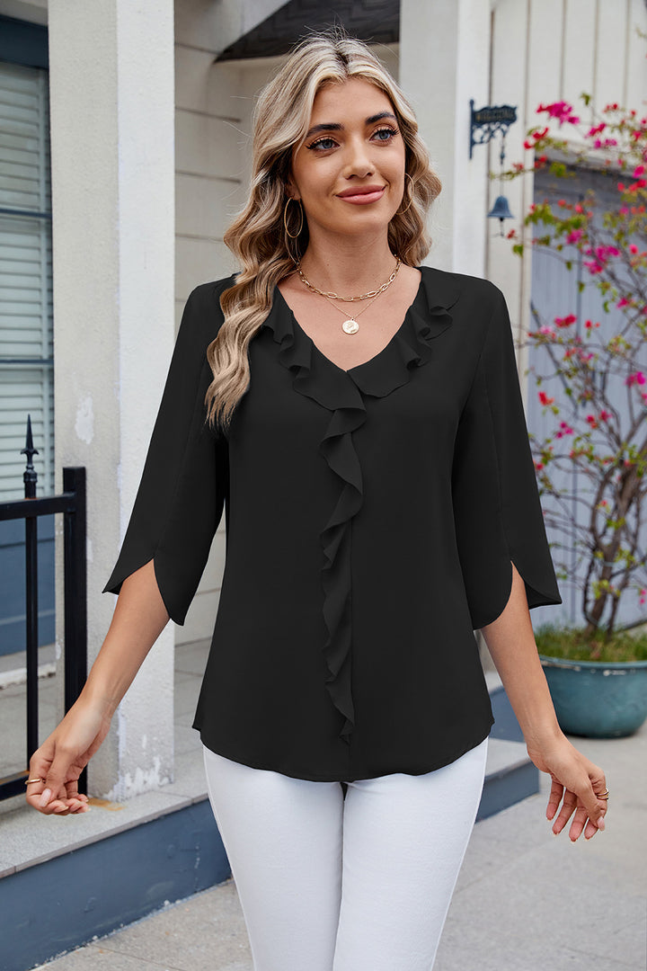 Ruffled V-Neck Three-Quarter Sleeve Blouse