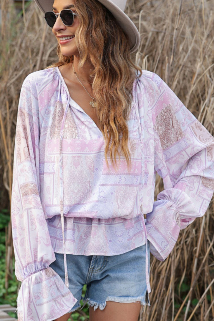 Printed Tie Neck Flounce Sleeve Blouse