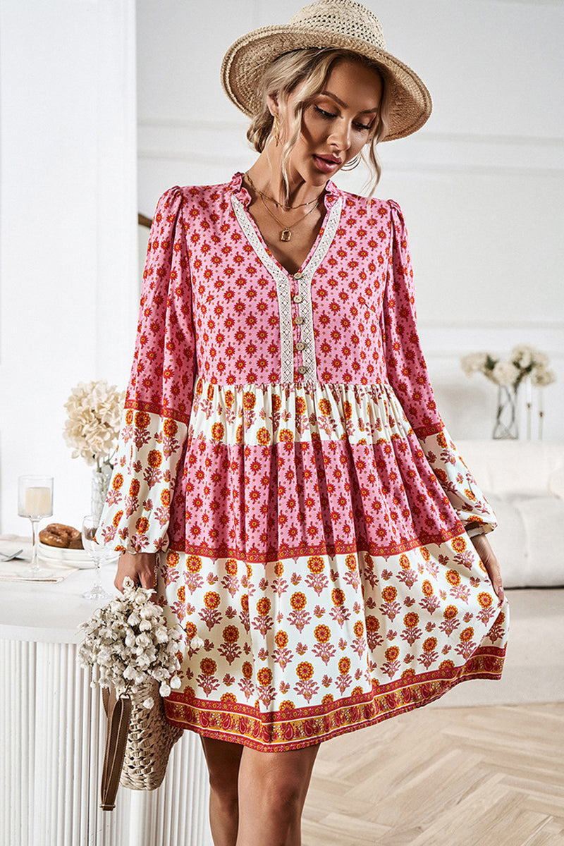 Printed V-Neck Long Sleeve Dress