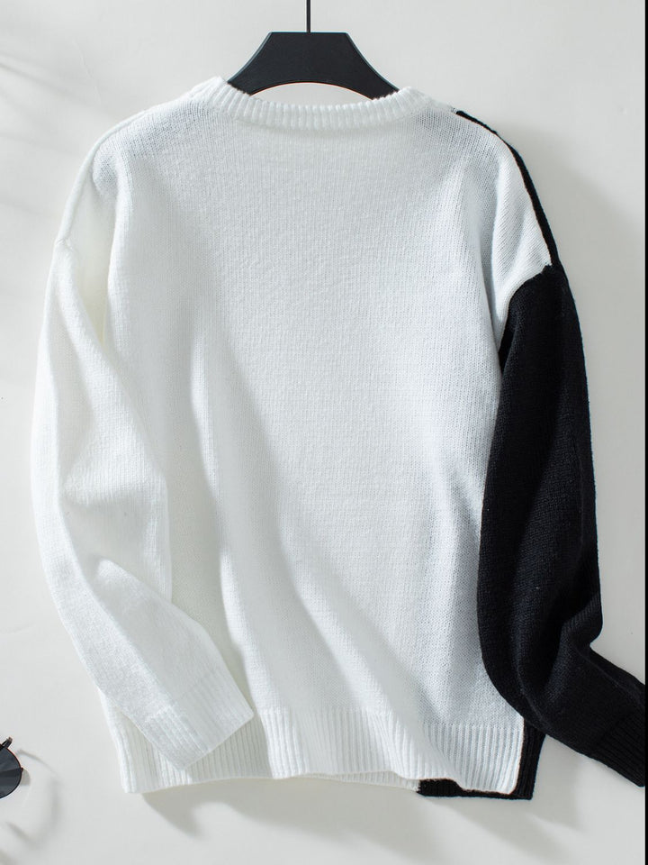 Two Tone Cable Knit Round Neck Long Sleeve Sweater