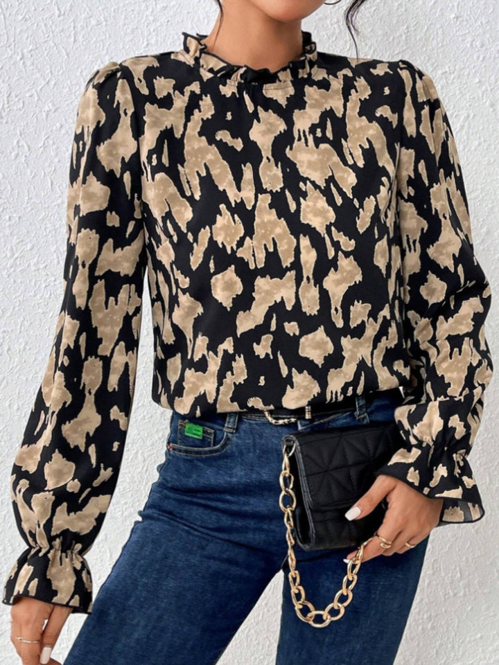 Frill Leopard Mock Neck Flounce Sleeve Blouse