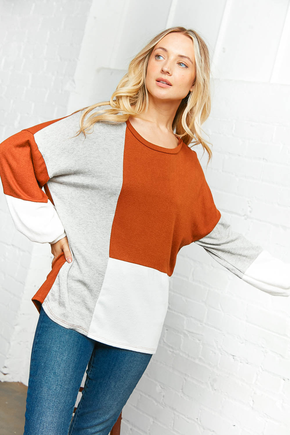 Two Tone Hacci Color Block Sweater Top