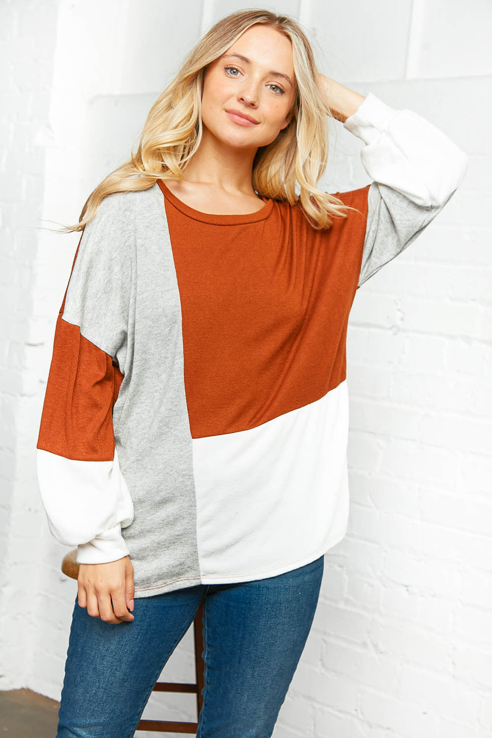 Two Tone Hacci Color Block Sweater Top