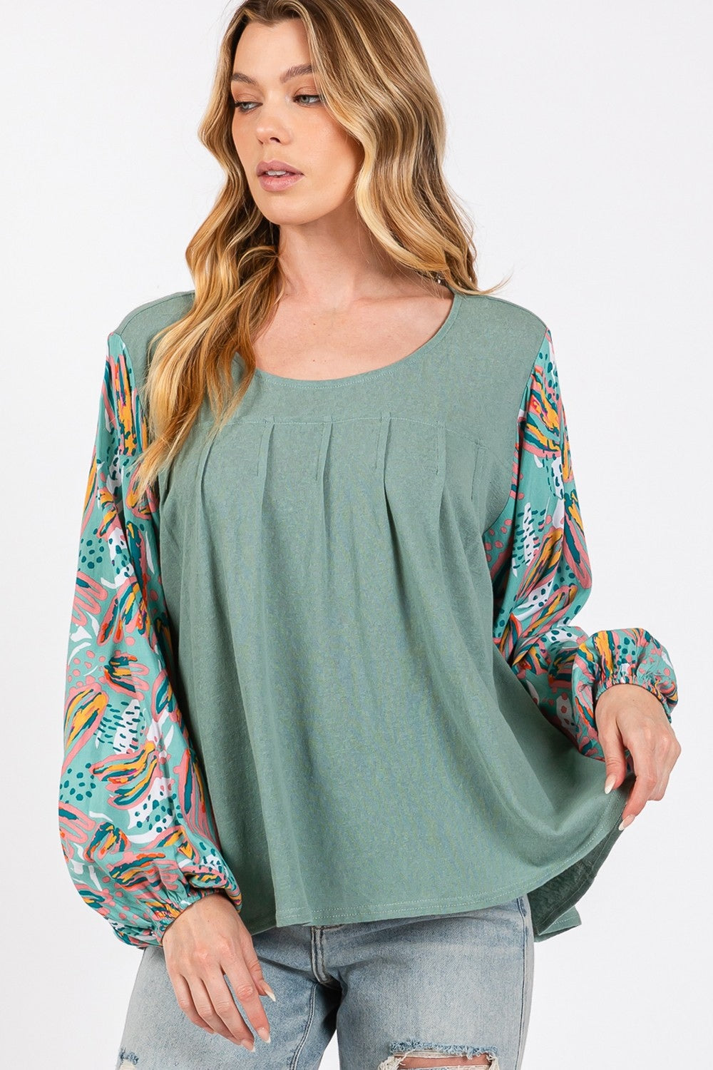 SAGE + FIG Ruched Round Neck Printed Bubble Sleeve Top