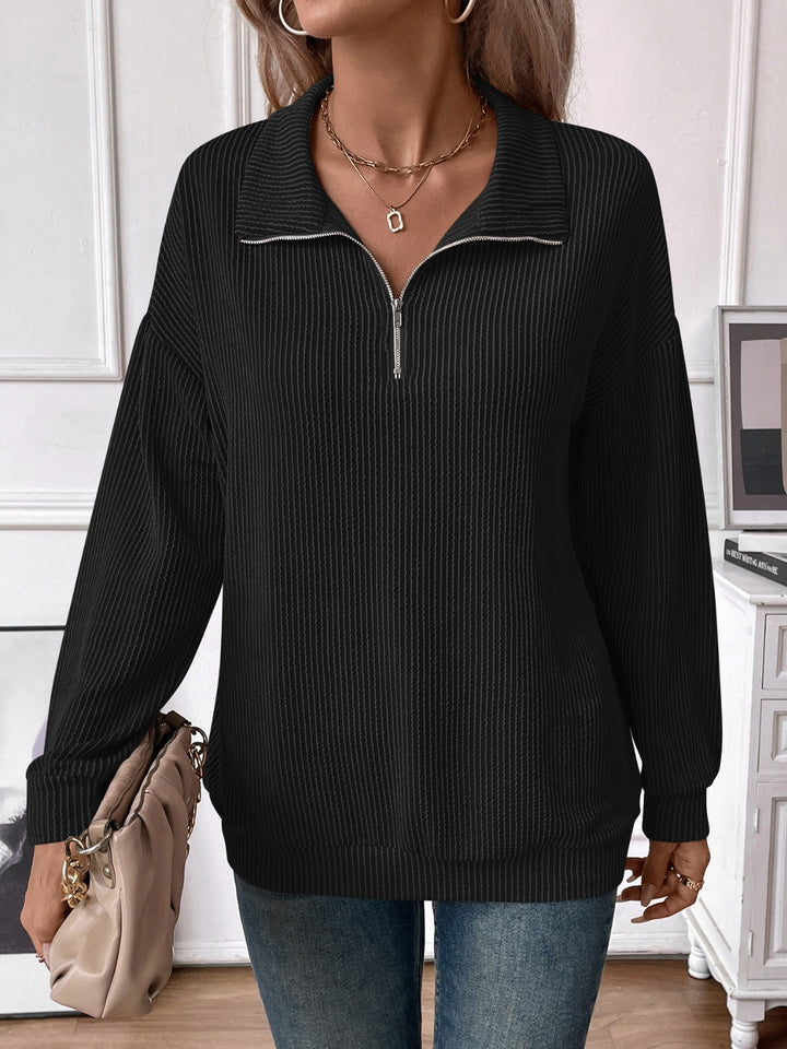 Double Take Striped Half Zip Long Sleeve T-Shirt