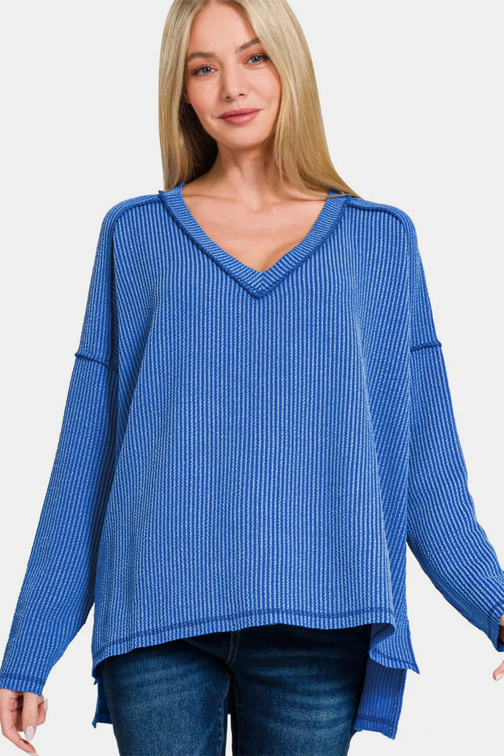 Zenana Texture Exposed Seam V-Neck Long Sleeve T-Shirt